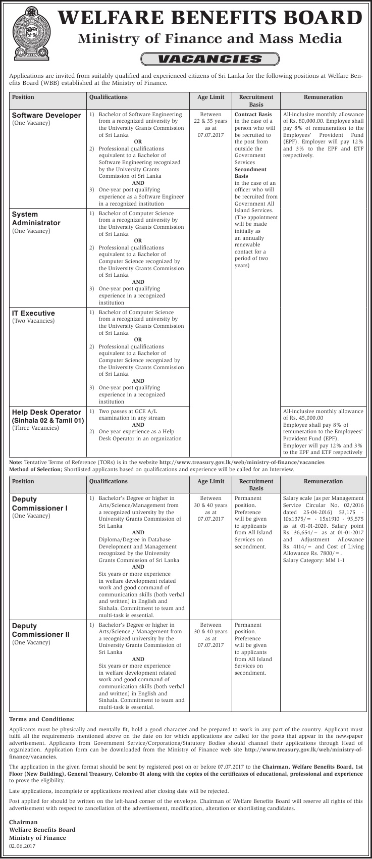 Software Developer, System Administrator, IT Executive, Help Desk Operator, Deputy Commissioner - Welfare Benefits Board